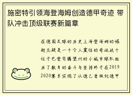 施密特引领海登海姆创造德甲奇迹 带队冲击顶级联赛新篇章