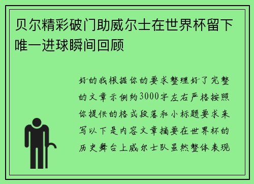 贝尔精彩破门助威尔士在世界杯留下唯一进球瞬间回顾